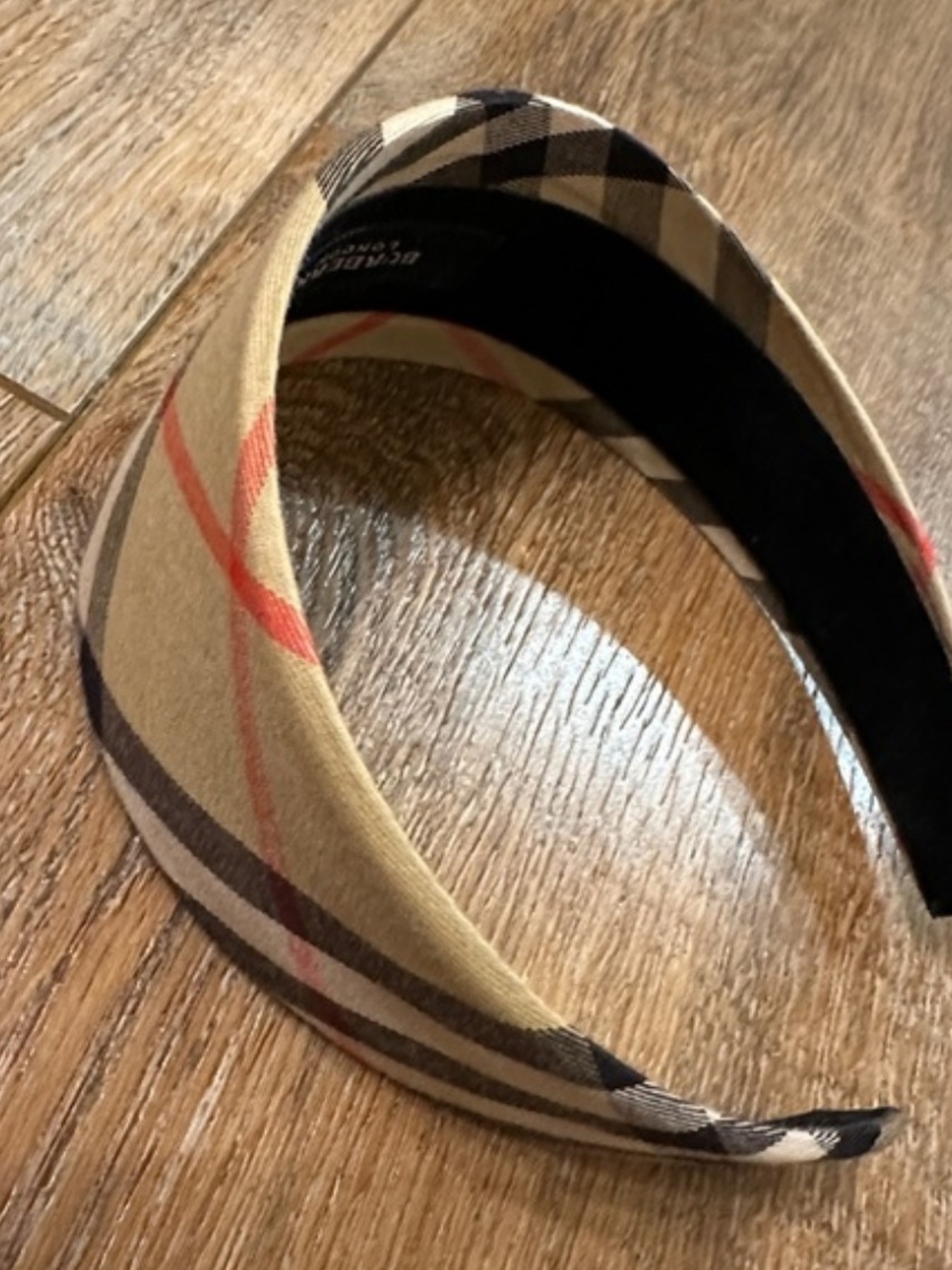 Burberry Tan Plaid Headband with Red Stripe